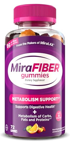 MiraFIBER Gummies from The Makers of MiraLAX, 8g of Daily Fiber Per Serving, Metabolism Support with B Vitamins, Gut Health for Men & Women,Prebiotic Fiber Gummies for Adults, Mixed Fruit Flavor 72Ct