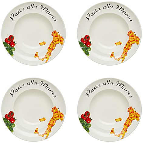 KHG 4er Set Pastateller, extra groß mit 30cm Durchmesser in Pasta alla Mama Print, perfekt für Gastro und Zuhause, hochwertiges Porzellan, Suppenteller, Salatteller, Spühlmaschinengeeignet