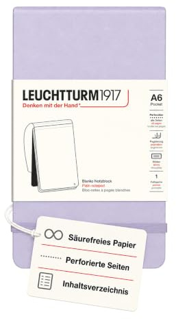 LEUCHTTURM1917 Notizblock Pocket A6 Hardcover, 184 Seiten, Lilac, Blanko | 184 nummerierte Seiten, perforiert, Blanko, Fadenheftung, Verschlussgummi, Inhaltsverzeichnis, säurefrei