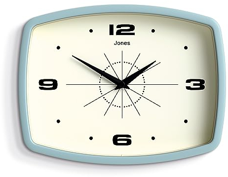 JONES CLOCKS® Film wanduhr | Rechteckige retrouhr | 25cm | Blassblau | Cooler midcentury designerlook für küche, Wohnzimmer oder büro