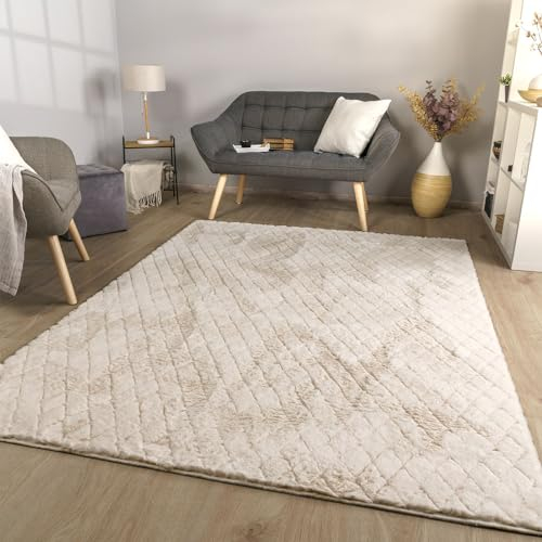 TT Home Wohnzimmer Teppich Esszimmer Langflor Skandi Optik Geometrisch 3D Unifarben, Farbe:Hellgrau Creme, Größe:200x280 cm