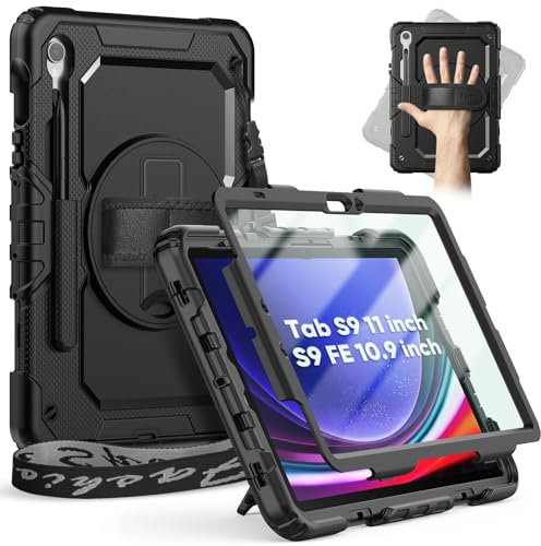 Timecity Case for Samsung Galaxy Tab S10 Lite/ S10 FE/ S9 FE 10.9 inch 2025/2023 & S9 11 2023 (Not for S9+/S9 FE+), with Screen Protector, Pencil Holder, 360 Rotating Hand Strap & KickStand, Black