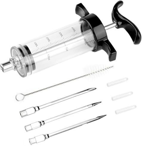 Turkey Meat Injector Syringe Kit with 3 Marinade Needles for BBQ Grill Smoker, 1 Cleaning Brush, 1.7 Oz/50 ml Large Capacity Injector Marinades for Meats Black