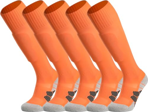APTESOL Knielang Fußballsocken Kinder Jugend Erwachsene Lang Sportsocken Kissen Atmungsaktiv Soccer Trainingssocke (5-Paar Orange-A, EU 40-44)