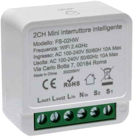 Planetitaly Mini interruttore intelligente doppio commutatore ON OFF SMART WiFi 2 CH 2 canali domotica controllo vocale temporizzatore 2 vie 230V 10A FS-02HW