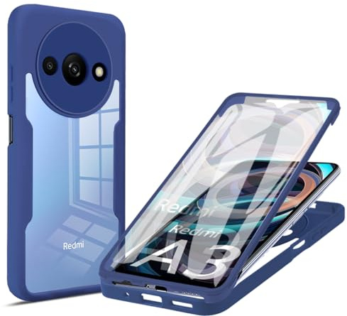 COMAKU Coque pour Xiaomi Redmi A3 4G Case, 360 Degree Full Body Shockproof Protective Cover with Built-in Screen Protecto - Bleu