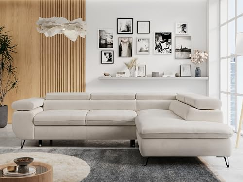 MKS MEBLE Ecksofa Sofa Beige, Wohnlandschaft L-Form mit Schlaffunktion und Bettkasten, Schlafsofa mit Bettkasten, Sofa mit Einstellbare Kopfstützen, Peter L - Hellbeige Velvet - Rechts Beige