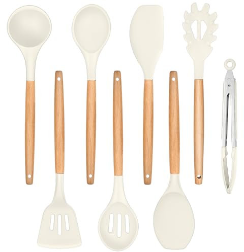 TEAMFAR Juego de utensilios de cocina, 8 unidades, de silicona, con mango de madera, resistentes al calor, color blanco