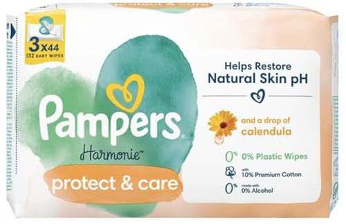 Pampers Harmonie Protect & Care Baby Wipes 3 Packs of 44 Wipes = 132 Baby Wet Wipes