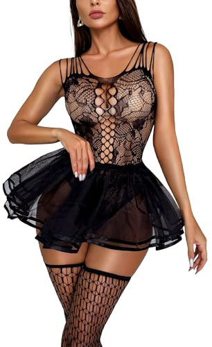 RSLOVE - Conjunto de lencería para mujer, con ropa sexy, camisón de malla y medias de rejilla, Negro , Talla única