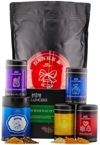 Hallingers Genuss Manufaktur Feinkost Weihnachts-Geschenk-Set - XXL-Wundertüte Danke & Frohe W... großes Mitbringsel Tafel Schokolade, Winterglitzern-Tee & XMS-Gewürze, Weihnachten für Frauen Männer