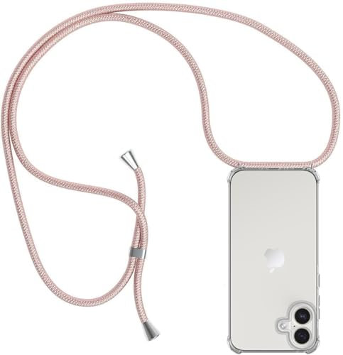 ZYIMOU für iPhone 16 Hülle mit Band, Handyhülle iPhone 16 Handyband Hülle mit Kette Schutzhülle Kordel zum Umhängen Transparent Weich TPU Silikon Bumper, Rosé Gold