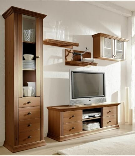 clever-moebel Wohnwand aus Kiefernholz im Landhausstil, Wohnzimmer-Schrank (braun)