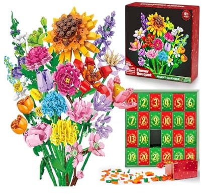 RICOKJRDE Adventskalender 2024 Für Kinder, Erwachsene Und Jugendliche, 24-Tage-Adventskalender, Blumenstrauß-Baustein-Weihnachts-Countdown-Kalender, Kunstblumen-Baustein-Spielzeugset (Sunflower)