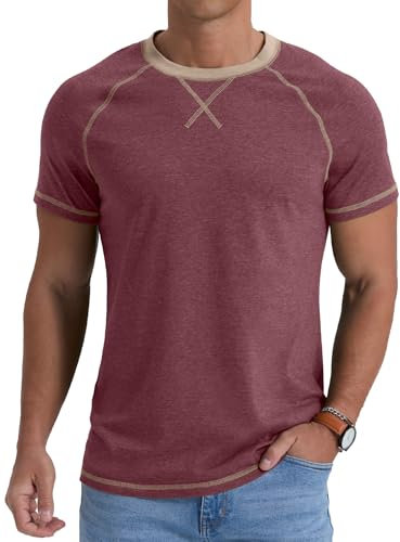 QIXING Mens T-Shirt Cotton Crew Neck Short Sleeve Regular Fit T Shirt Raglan Soft Lightweight Summer Casual Tops for UK(A05 VG Red XL)