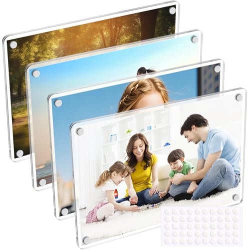 Acidea Acrylic Fridge Magnetic Frame, 4 Pack 4x6 In Acrylic Photo Picture Frames, Double Sided Photo Refrigerator Magnet Picture Frame, Clear Picture Display Frame