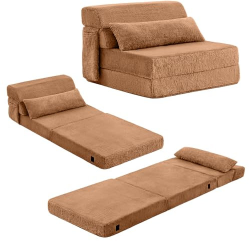SESHINELL Folding Mattress with Pillow, Single Size Fold Out Sofa Chair Z Bed with Plush Cover & Storage Side Pocket, Floor Mattress Lounger for Guest Room, Living Room, Dorm, Home Office, Brown