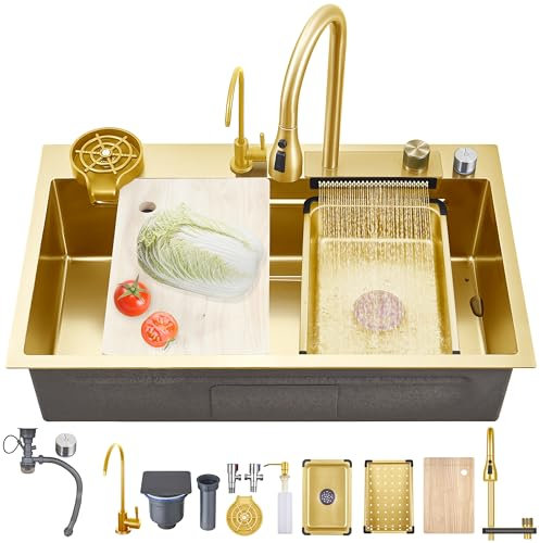 Ribanedy Gold Multifunctional Waterfall Kitchen Sink 85 x 45 cm, Single Bowl Modern Stainless Steel Sink with Pull-Out Spray Faucet, Cup Washer, and Accessory Set