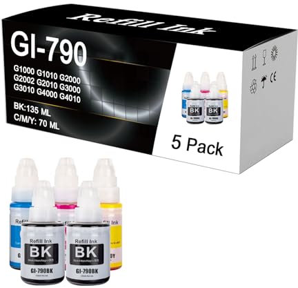 GI-790 GI790 Bouteilles d'encre De Rechange pour Canon PIXMA G1000 G1010 G2000 G2002 G2010 G3000 G3010 G4000 G4010 Imprimantes. Encre Noire 135 ML Encre C/M/Y 70 ML,5 Pack-1 Set