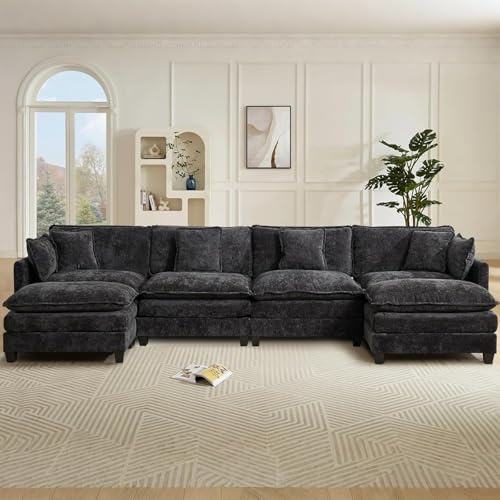 SoarTalent 380cm L-Form 4-Sitzer Sektionalsofa mit 2 Ottomanen, Schwarz | Chenille-Bezug im Wolken-Couch-Stil, tiefer Sitz mit Kissen, wandelbar, Sitzhöhe 54cm für Wohnzimmer, Wohnung, Büro.