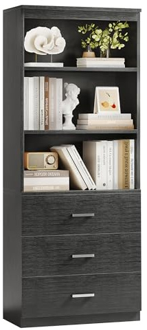 Flrrtenv Bookshelf 6-Tier Tall Bookcase with Drawers, 180cm Wood Book Shelf Storage Cabinet, Freestanding Open Display Shelves for Bedroom, Living Room, Office, Black