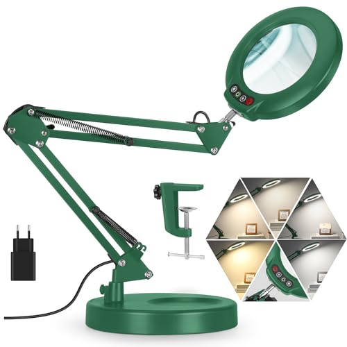 Veemagni 12X Lampe Loupe avec Lumière, 5 Modes de Couleur Gradation Continue 2 en 1 Lampe de Bureau et Pince, LED Loupe avec Lumière et Support pour Lecture, Réparation, Artisanat, Peinture- Vert