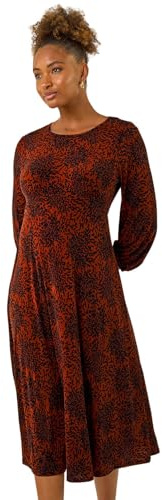 Roman Women Gathered Chest Dress Ladies Stretchy Fit & Flare Swing Tea A Line Skater Knee Length Long Sleeve Midi Smart Casual Work Going Out Cocktail Party