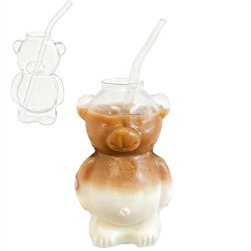 Teddy Bear Coffee Tumbler, Honey Bear Glass Cup with Straw, Cute Honeybear Straw Cup for Beer Wine Drinks, Unique Glassware for Home Kitchen and Party Use (1pcs)