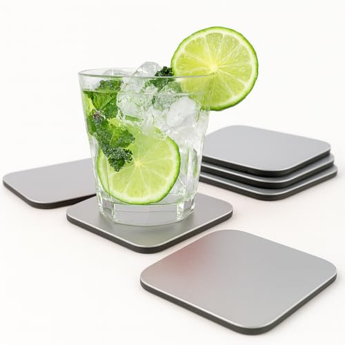 Lot de 6 sous-Verre Carrés en Aluminium Composite | Haute Résistance | Design Moderne | Bords Arrondis | (Gris Aluminium)