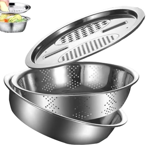 Saladier avec râpe à ail - Passoire et râpe en acier inoxydable 2 en 1, accessoire de cuisine ergonomique et durable | Idéal pour l'ail, laver les fruits et légumes, égoutter la pâte de ris