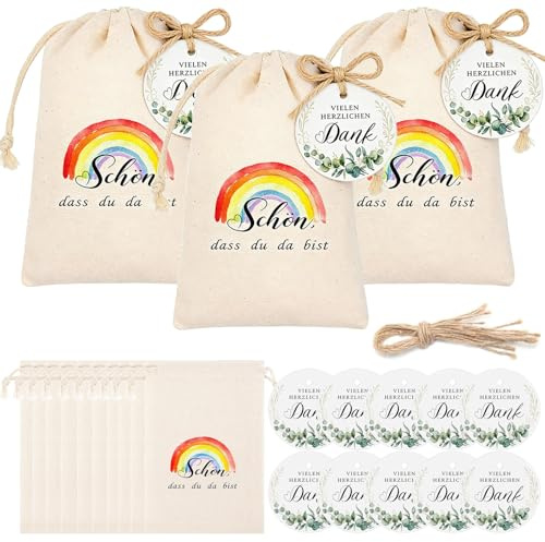 Kvaznix 10 Stück Regenbogen Geschenke Baumwoll Geschenktaschen Baumwollsäckchen mit Kordelzug 10x15cm Mitgebsel Stoffbeutel für Erzieherinnen Gastgeschenke Kindergeburtstag