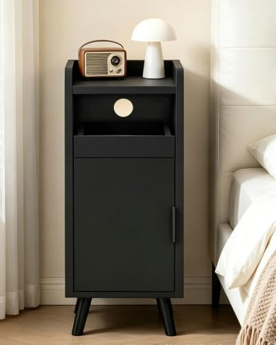 Askelierg Nachttisch Schmal 25 cm, Kleiner Nachttisch mit Schublade & Tür, Nachtschrank Kabelmanagement, Beistelltisch Platzsparend für Wohnzimmer, Schlafzimmer, 25x 30 x 61 cm (Schwarz)