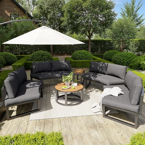 Ligterra Gartenlounge Outdoor, Gartenmöbel-Set, Lounge Möbel Outdoor, Rundes Sofa, für 4-6 Personen, mit Grauen Sitzpolstern & Kissen, 3 Tische, Verstellbare Beine, 288×60×77cm (Grau)