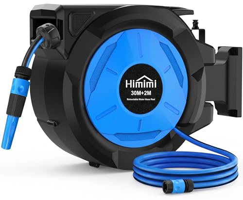 Himimi Avvolgitubo da Giardino Retrattile da Parete, 30 m + 2 m, 1/2, Avvolgitubo Automatico con Rientro Lento, Blocco a Qualsiasi Lunghezza, Supporto Girevole 180°, per Irrigazione Giardino