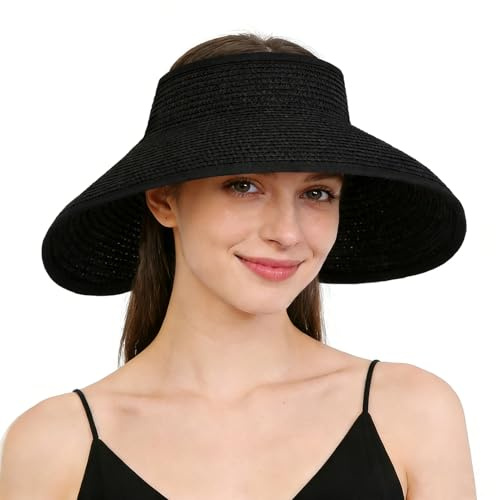 KXF Sombrero de paja con visera para mujer, gorra de verano para playa, para mujer, ala ancha, enrollable, para viajes, exteriores, protección UV, color negro