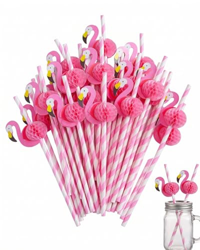 HAPZUR Flamingo Papierstrohhalme 50 Stk. – Biologisch Abbaubar, Tropische Hawaii Deko für Sommerparty, Cocktail & Getränkedekoration