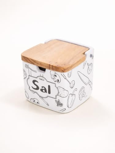 Salero Cerámica Decorado con Tapa de Madera 9x9x9cm – Recipiente para Sal – Diseño Original, Práctico y Resistente