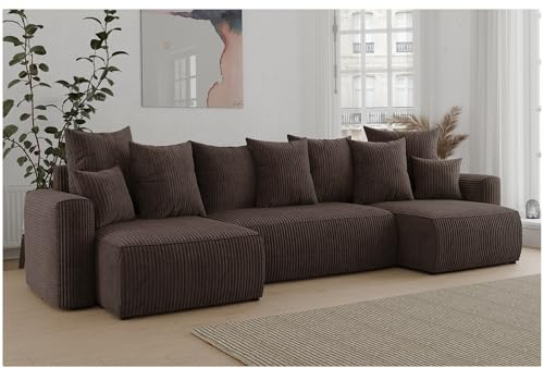 MEBLINI Schlafcouch mit Bettkasten - 312x142x73cm - Dunkelbraun Cordstoff - Dave - Ecksofa mit Schlaffunktion - Sofa mit Relaxfunktion und Kopfstützen - Couch U-Form - Eckcouch - Wohnlandschaft