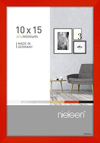 nielsen Bilderrahmen, 10 x 15 cm, Aluminium, Rot glanz, Fotorahmen zum Auftstellen und Aufhängen im Hoch- & Querformat, Echtglas, Pixel