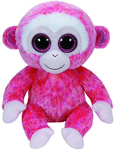 TY 37010 Ruby Buddy Glubschi's, Beanie Boo's, Singe avec Oreillettes Roses Scintillantes et Yeux pailletés, Taille L 24 cm, Rouge/Blanc