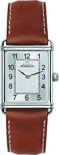 Michel Herbelin Herrenarmbanduhr, Art Deco, analoge Quarzuhr mit grauem Ziffernblatt und braunem Lederarmband