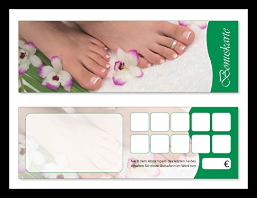 Premium Bonuskarten-Set (50 Stk.) Bonuskarten mit 10 Stempelfeldern Fußpflege Bonuskarten, Pediküre Treuekarten, Maniküre Kundenkarten passend für Wellness, Massagen, Kosmetik uvm.