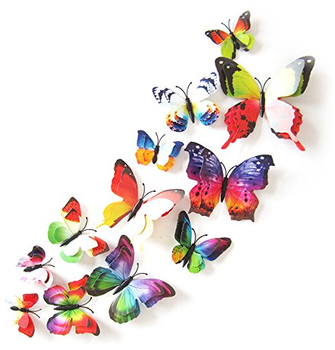 Oblique Unique 3D Schmetterlinge Doppelflügel Effekt Blumen 12er Set Dekoration Wandtattoo (Regenbogen)