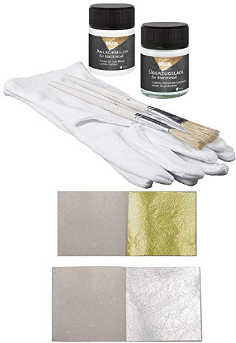 Set 50 Blatt Echtes Blattgold 23 Karat Echt Gold 3,8 x 3,8 cm zum Vergolden + 50 Blatt Echt Blattsilber 5 x 5 cm Silber + 1 x Kreul Anlegemilch 50ml + 1x Überzugslack 50ml + 1x Handschuhe + 2X Pinsel
