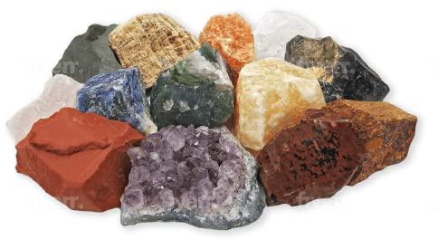 Mineralien Set mit Bonus Amethyst Kristall | 12 ausgesuchte Rohsteine plus Amethyst-Stück für Mineraliensammler und Edelstein-Liebhaber | Geschenk, Beigabe Give-away, Schatzsuche Dekoration