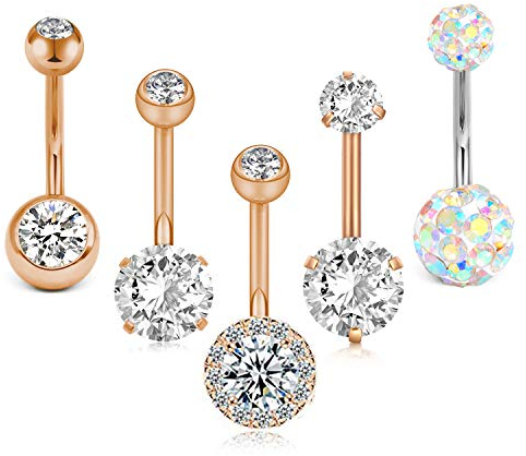Crdifu 5er Bauchnabelpiercing Barbell Set 14 Gauge 10mm Stab Chirurgenstahl Zirkonia Piercing Bauch Schmuck