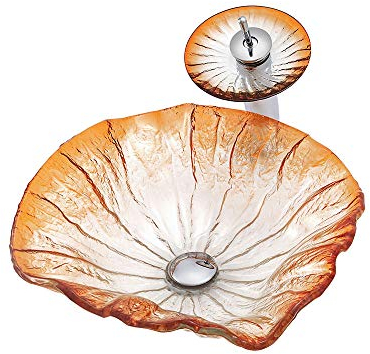 HomeLava Design Waschbecken Aufsatzwaschbecken Waschtisch aus hochwertiger Gehärtetes Glas mit Wasserfall Wasserhahn Pop-up-Drain und Montage Ring