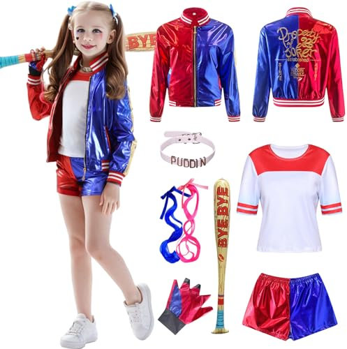 Amycute Déguisement Squad Costume Fille Enfant, Cosplay Joker Queen Costume Tee Shirt Tenue Veste Tshirt Short Gants Perruque pour Carnaval Halloween (RougeBleu, 110CM)