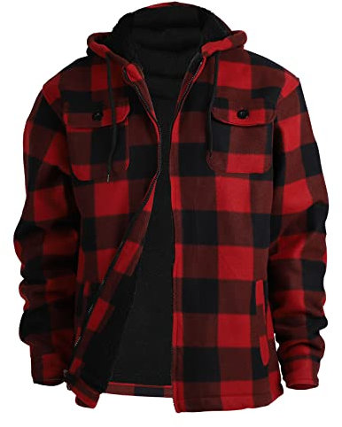 Yasumond Mens Warm Fleece Jackets Zip Up Plaid Flannel Sweatshirt Heavy Sherpa Lined Winter Coats Big Tall, Buffalo Red, L