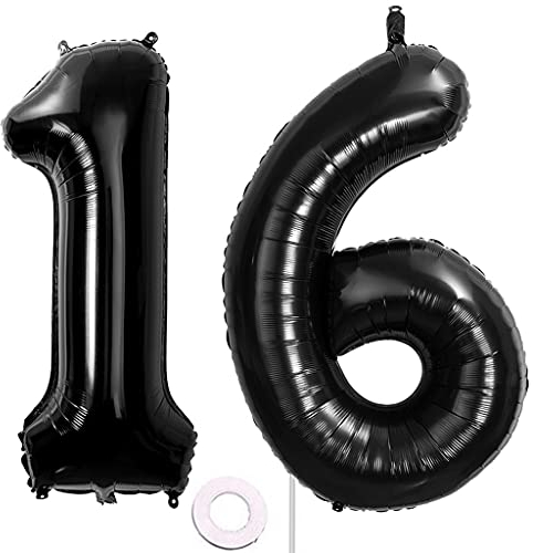 40 Zoll Luftballons Zahle 16 jahre Geburtstag deko Schwarz XXL 100cm Zahlenballon 16 Schwarz Nummer Riesen Folienballon 16 BallonZahl 16 Heliumballon Luftballons 16 Geburtstag Deko Mädchen Junge (16)